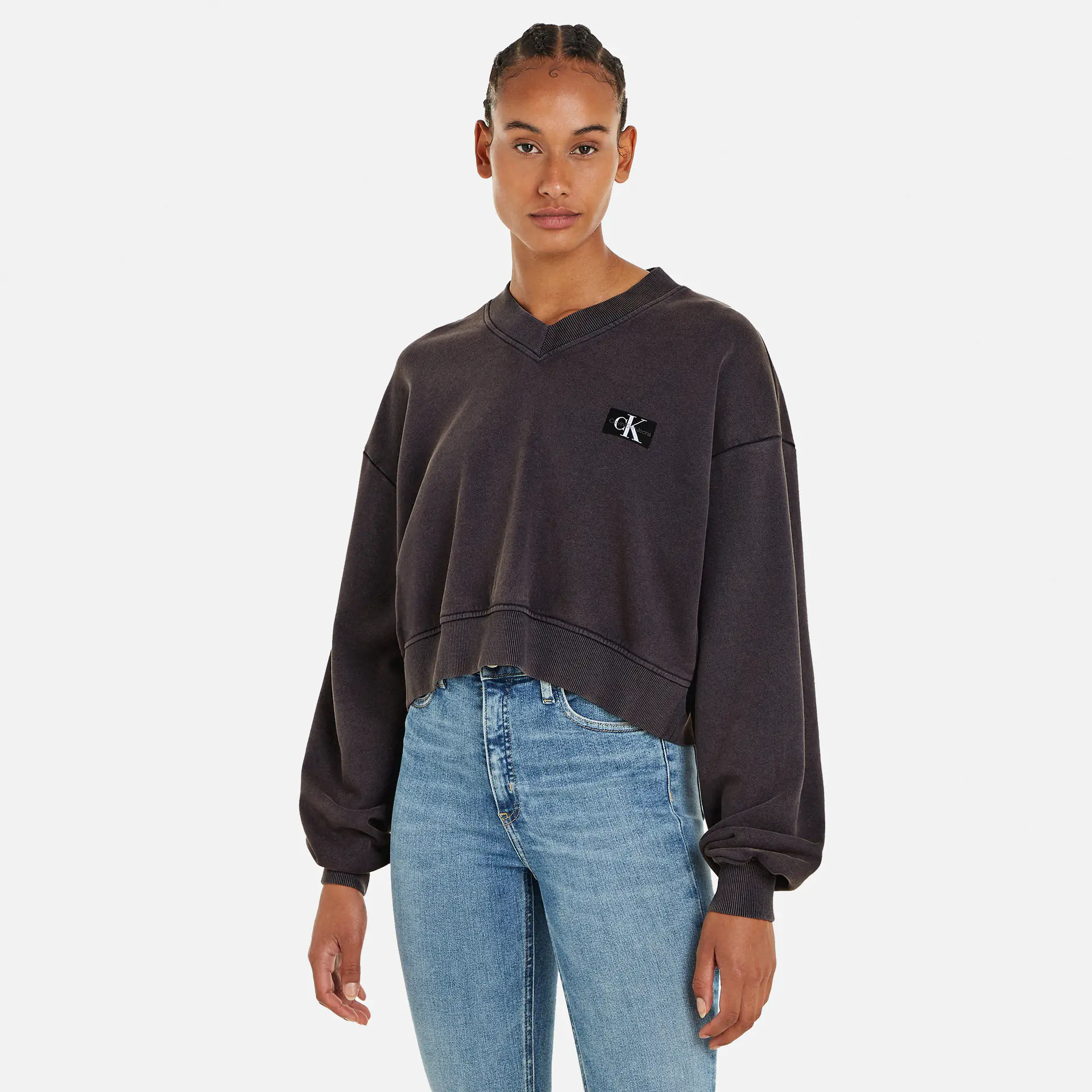 Calvin Klein Jeans Woven Label V-Neck Sweatshirt Washed Black