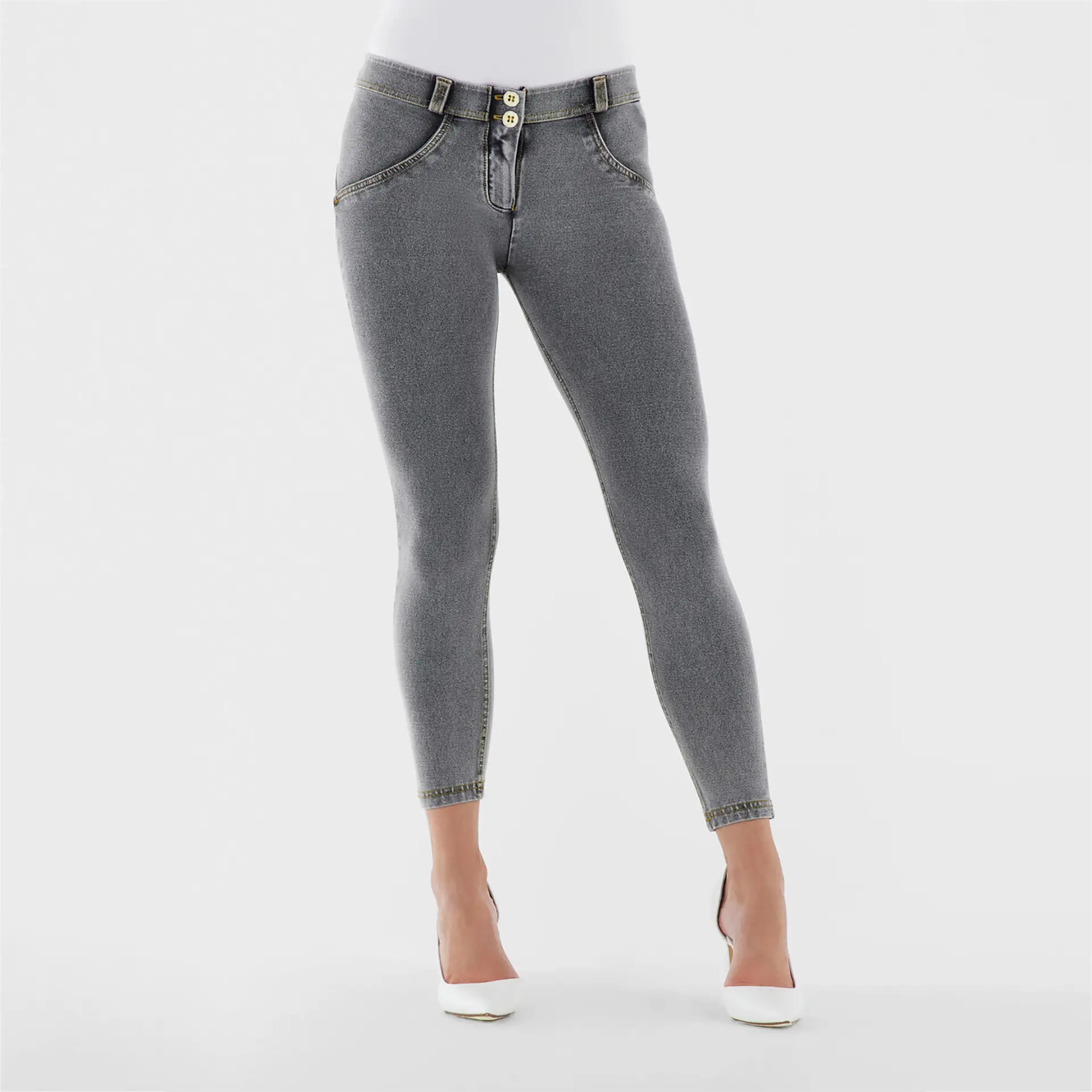 Freddy WR.UP Regular Waist Superskinny 7/8 Pants Light Grey/Yellow Seams